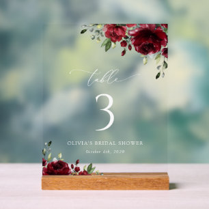 Burgundy Flowers, Red Flowers, Boho, Table Numbers Acrylic Sign