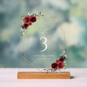 Burgundy Flowers, Red Flowers, Boho, Table Numbers Acrylic Sign