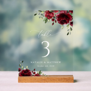 Burgundy Flowers, Red Flowers, Boho, Table Numbers Acrylic Sign