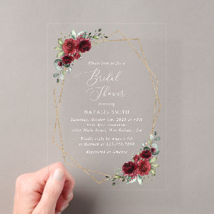 Burgundy Flowers, Red Flowers, Bridal Shower Acrylic Invitations