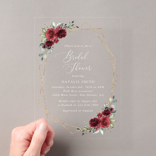 Burgundy Flowers, Red Flowers, Bridal Shower Acrylic Invitations (Insitu (Handheld))