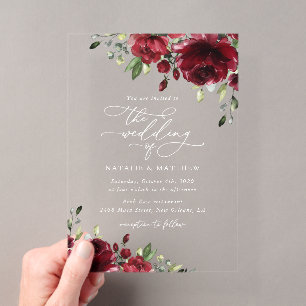 Burgundy Flowers, Red Flowers, Floral Wedding Acrylic Invitations