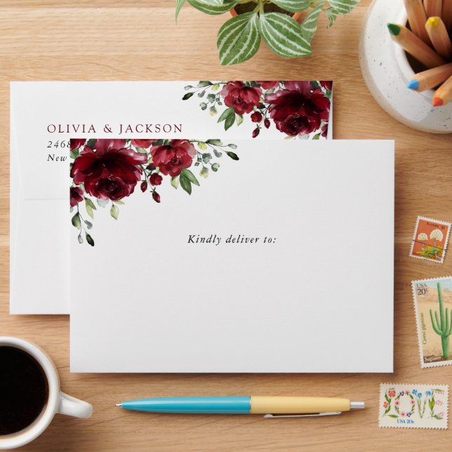 Burgundy Flowers, Red Flowers, Floral Wedding Envelope (Desk)
