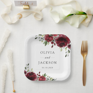 Burgundy Flowers, Red Flowers, Floral Wedding Paper Plate