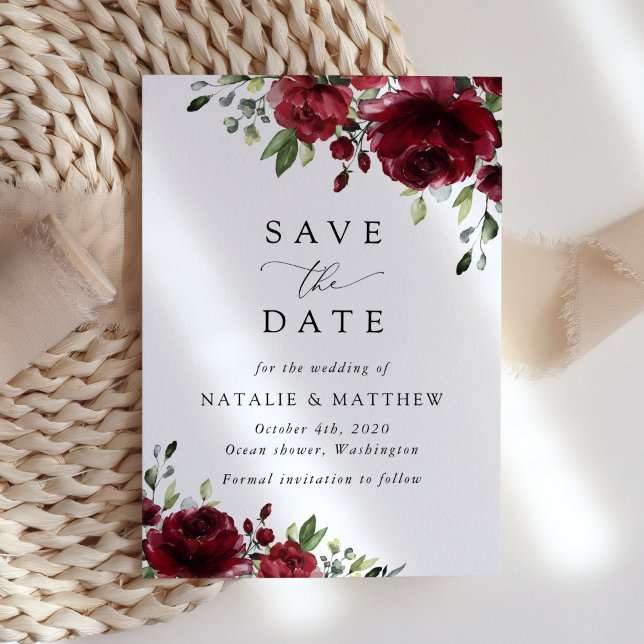 Burgundy Flowers, Red Flowers, Floral Wedding Save The Date (Creator Uploaded)