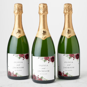 Burgundy Flowers, Red Flowers, Floral Wedding Sparkling Wine Label