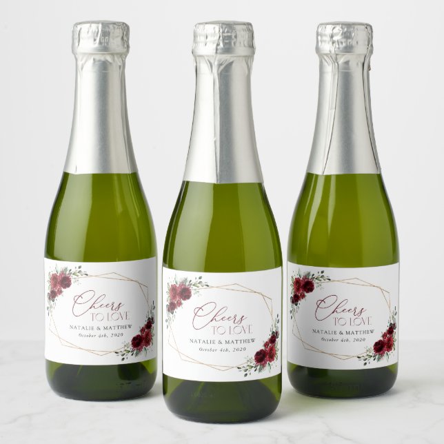 Burgundy Flowers, Red Flowers, Floral Wedding Sparkling Wine Label (Bottles)