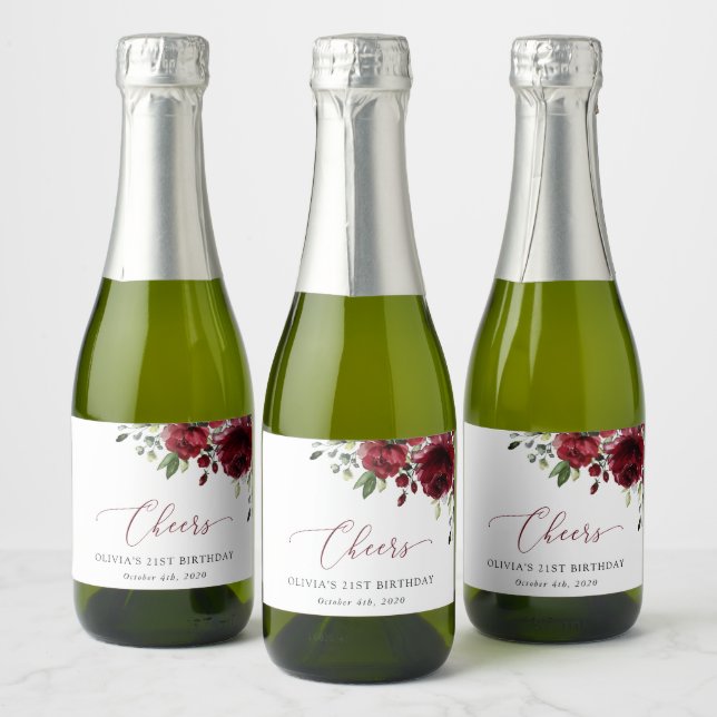 Burgundy Flowers, Red Flowers, Greenery, Birthday Sparkling Wine Label (Bottles)