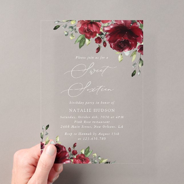 Burgundy Flowers, Red Flowers, Greenery, Sweet 16 Acrylic Invitations (Insitu (Handheld))