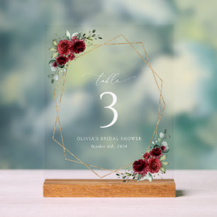 Burgundy Flowers, Red Flowers, Table Numbers Acrylic Sign