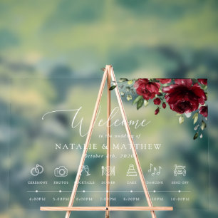 Burgundy Flowers, Red Flowers, Wedding Timeline Acrylic Sign