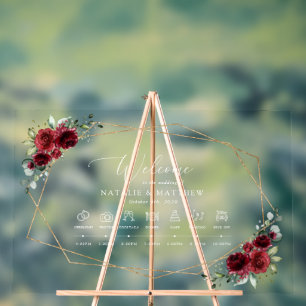 Burgundy Flowers, Red Flowers, Wedding Timeline Acrylic Sign