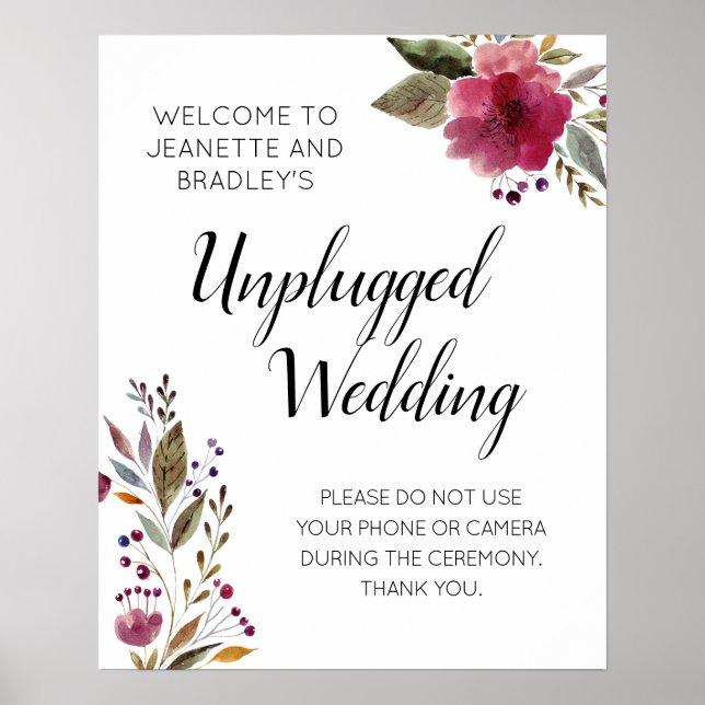 Burgundy Flowers Unplugged Wedding Ceremony Poster (Front)