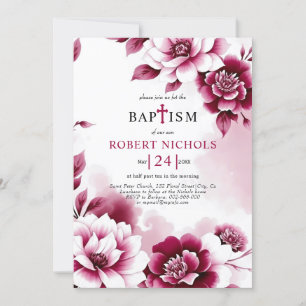 Burgundy flowers watercolor wash girl Baptism Invitation