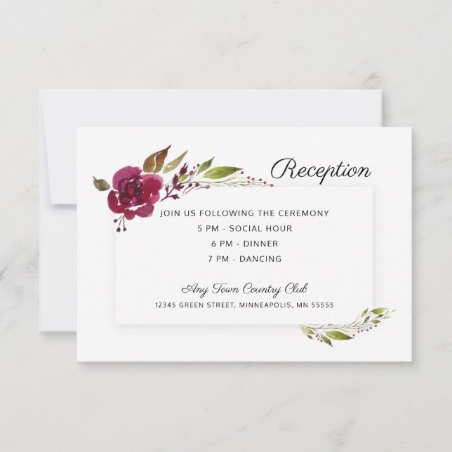 Burgundy Flowers Wedding Reception Invitation (Front)