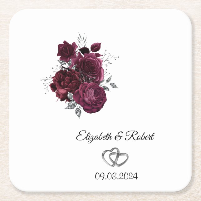 Burgundy Flowers Wedding  Square Paper Coaster (Front)