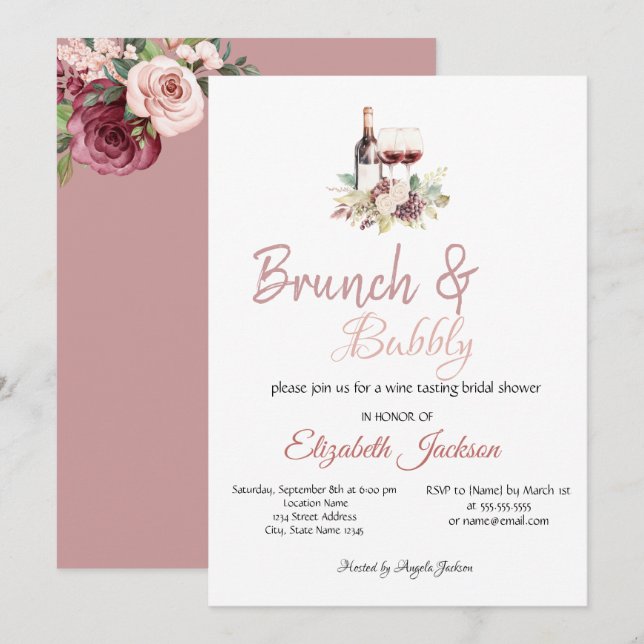 Burgundy Flowers Wine Grapes Bridal Shower  Invitation (Front/Back)