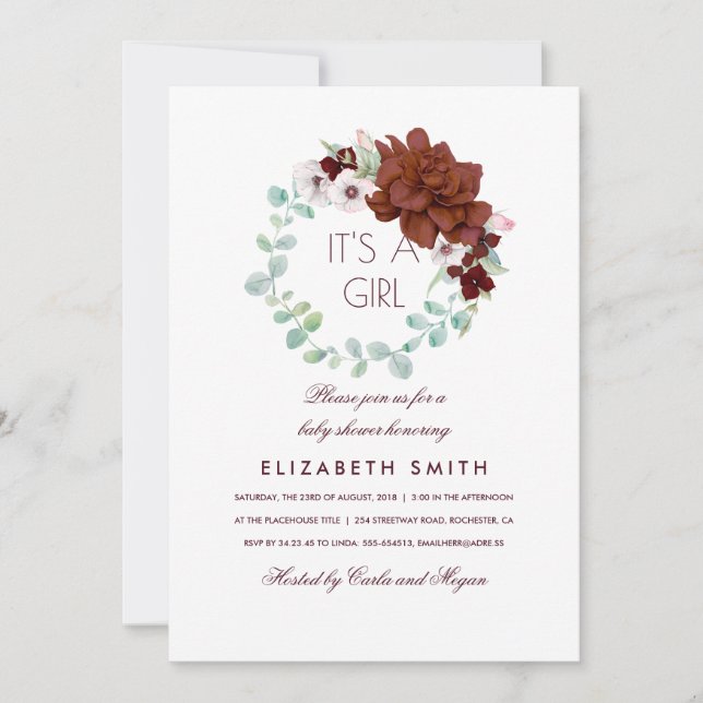 Burgundy Flowers Wreath Elegant Baby Shower Invitation (Front)