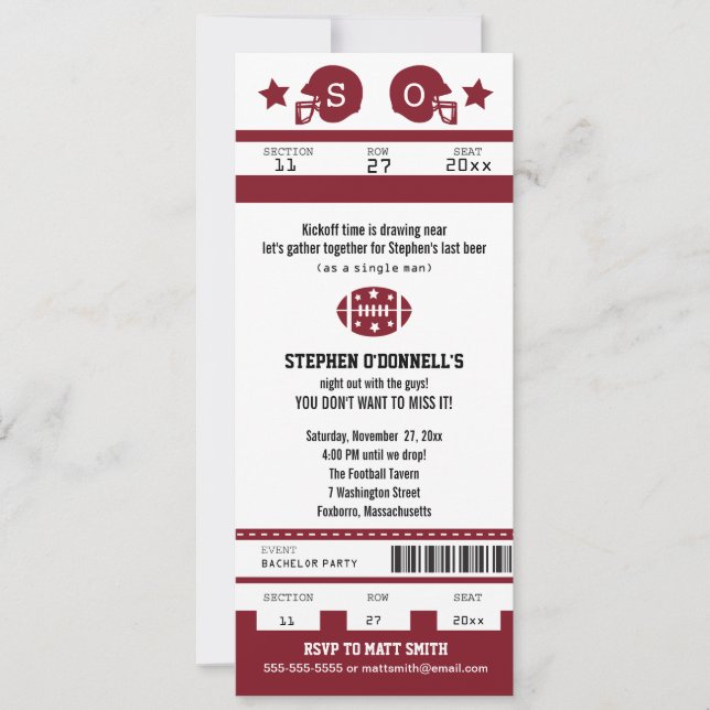 Burgundy Football Ticket Bachelor Party Invitation (Front)