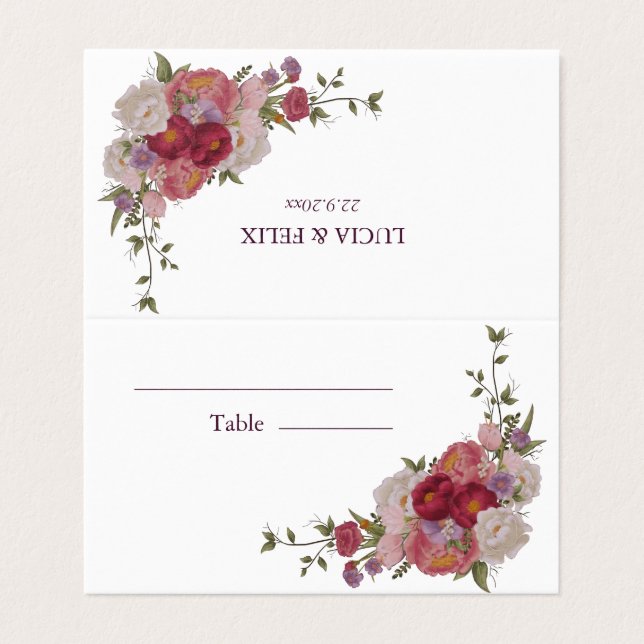 Burgundy Forest Floral Wedding Place Cards (Outside Unfolded)