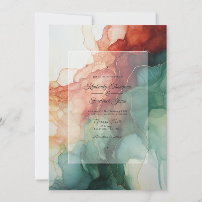 Burgundy, Forest Green and Charcoal Ink Wedding Invitation (Front)
