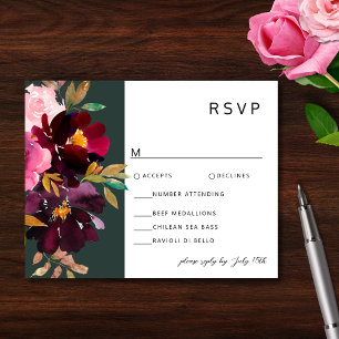 Burgundy Forest Green Blush Floral Watercolor RSVP Card