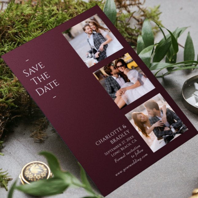 Burgundy Four Photo Wedding Collage Save The Date (Creator Uploaded)
