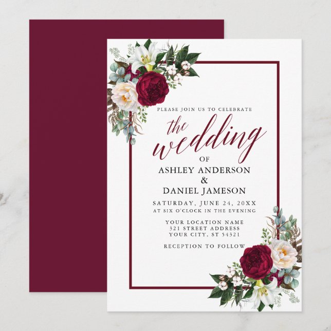 Burgundy Frame Floral Greenery Calligraphy Wedding Invitation (Front/Back)