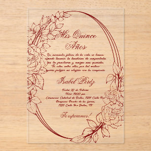 Burgundy frame Spanish Quinceanera  Acrylic Invitations
