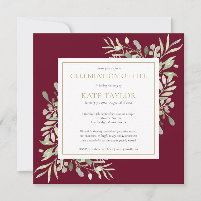 Burgundy Funeral Celebration of Life Photo Square Invitation (Front)