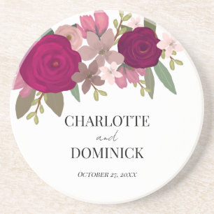 Burgundy Garden Flowers Wedding Coaster