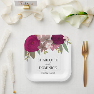 Burgundy Garden Flowers Wedding  Paper Plate