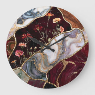 Burgundy Geode Floral Stained Glass Clock