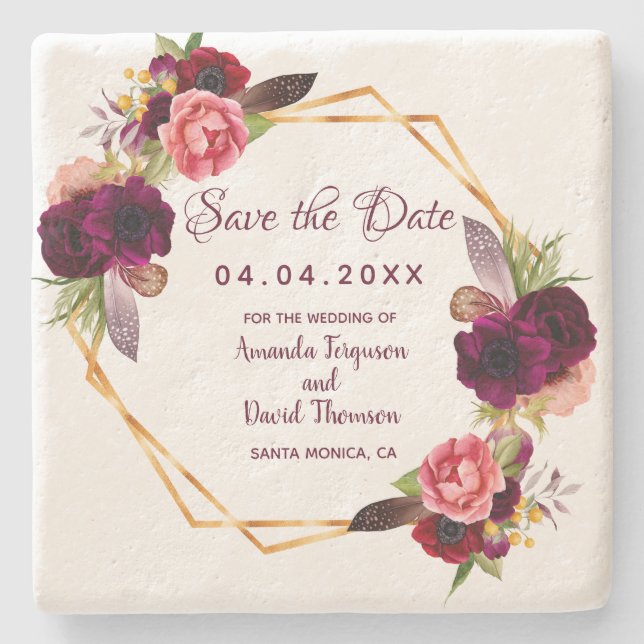 Burgundy geometric wedding save the date stone coaster (Front)