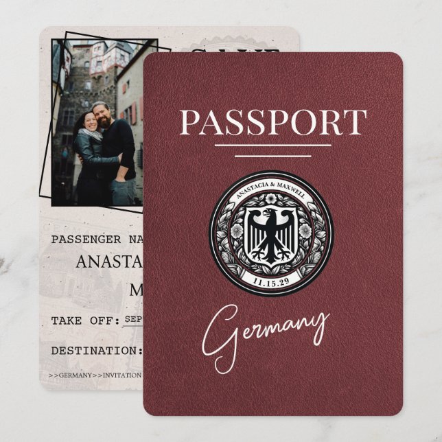 Burgundy Germany Passport Save The Date (Front/Back)