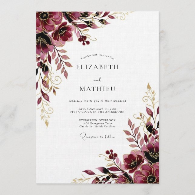 Burgundy Gilded Bloom Wedding Invitation (Front)