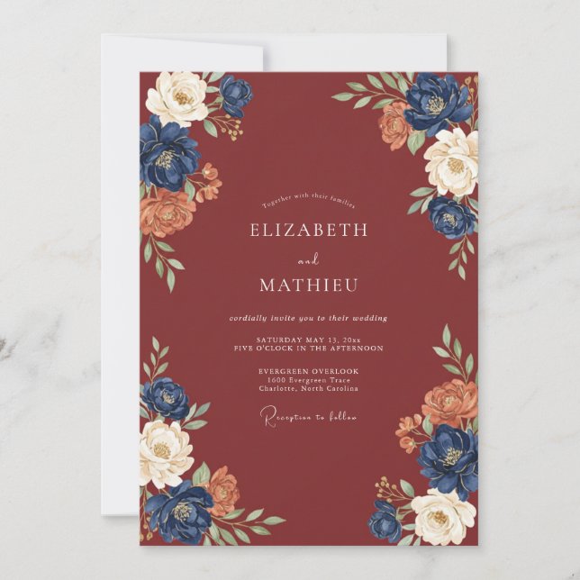 Burgundy Gilded Blossom Wedding Invitation (Front)