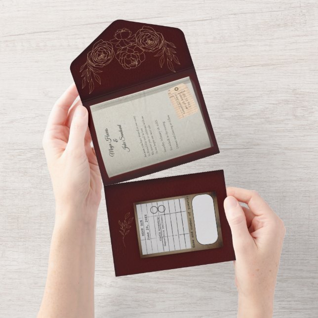 Burgundy Gilded Roses Book Wedding Invitation (Tearaway)