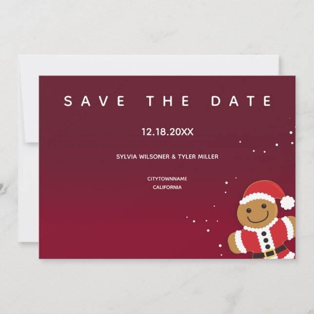 Burgundy Gingerbread Santa Whimsical Wedding Save The Date (Front)
