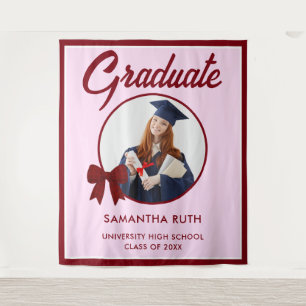 Burgundy Gingham Bow Photo Graduation Backdrop Tapestry
