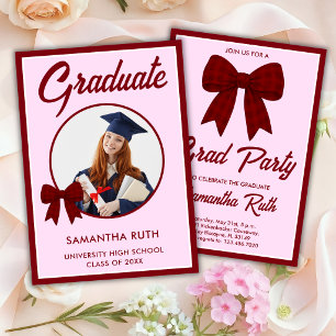 Burgundy Gingham Bow Photo Graduation Party Invitation