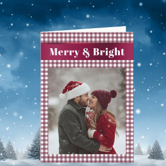Burgundy Gingham Christmas Photo Merry and Bright Holiday Card
