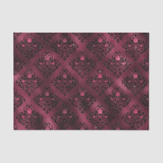 Burgundy Glam Foil Glitter Damask Tissue Paper (Front)
