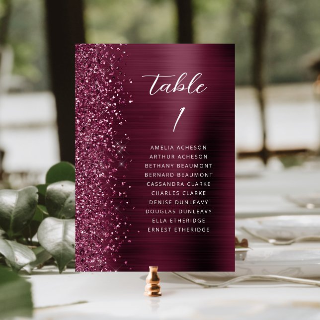 Burgundy Glam Glitter Metallic Script Wedding Table Number (Creator Uploaded)
