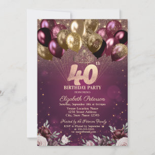 Burgundy Glitter Balloons Flowers 40th Birthday  Invitation