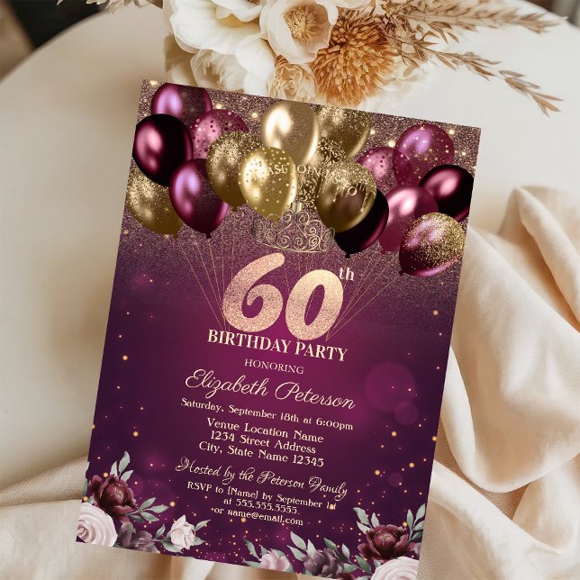 Burgundy Glitter Balloons Flowers 60th Birthday  Invitation (Creator Uploaded)
