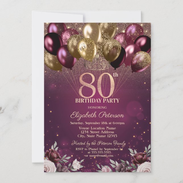 Burgundy Glitter Balloons Flowers 80th Birthday  Invitation (Front)