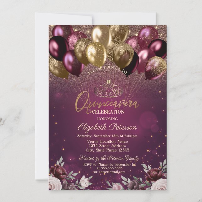 Burgundy Glitter Balloons Flowers Quinceañera Invitation (Front)