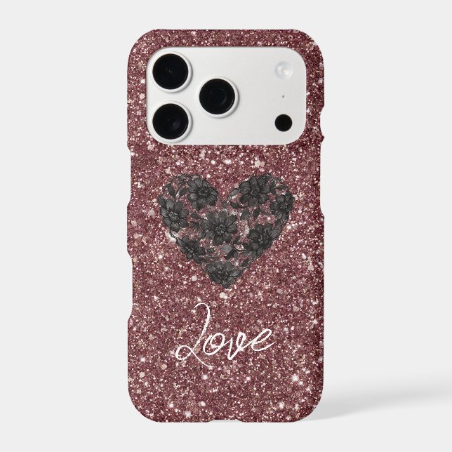 Burgundy Glitter Black Floral Heart (Back)