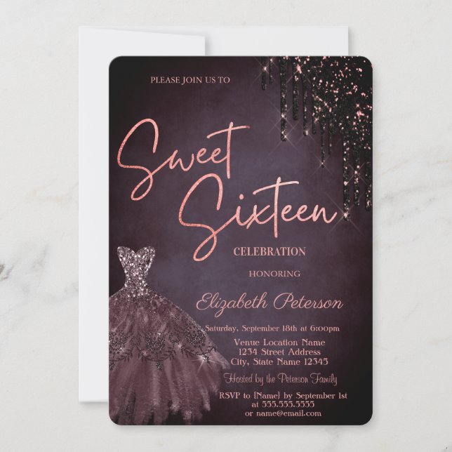 Burgundy Glitter Drips Chic Dress Sweet 16  Invitation (Front)
